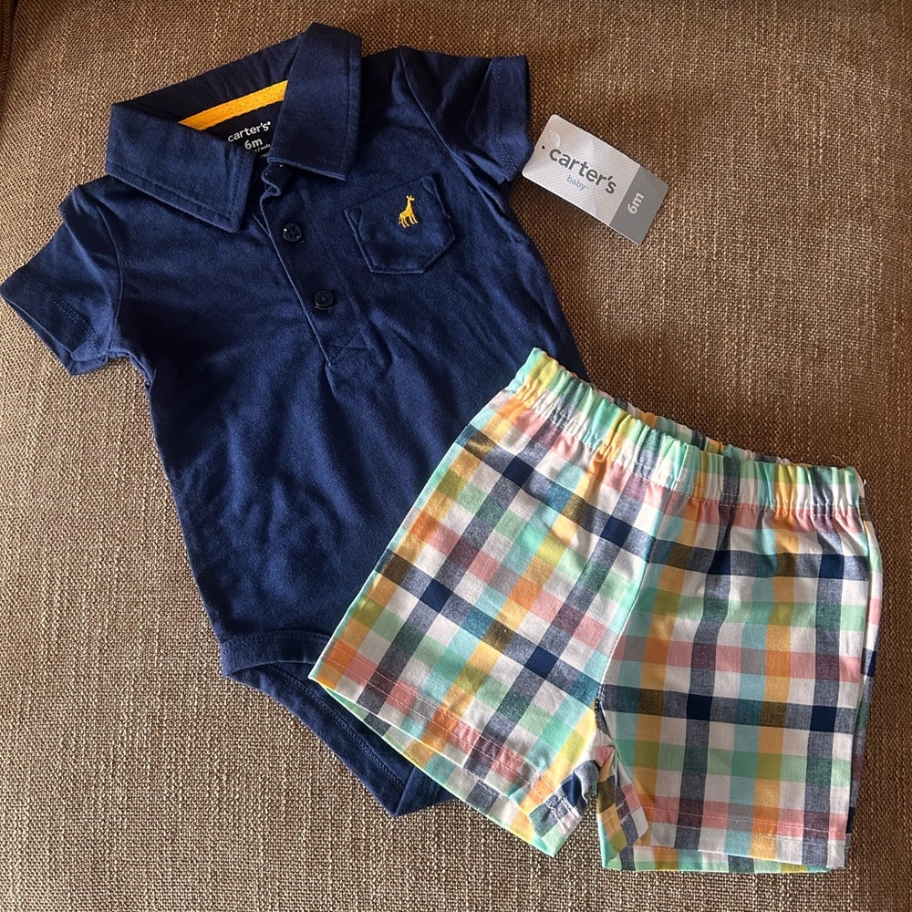 Carter's Blue Polo Bodysuit and Multicolor Plaid Shorts